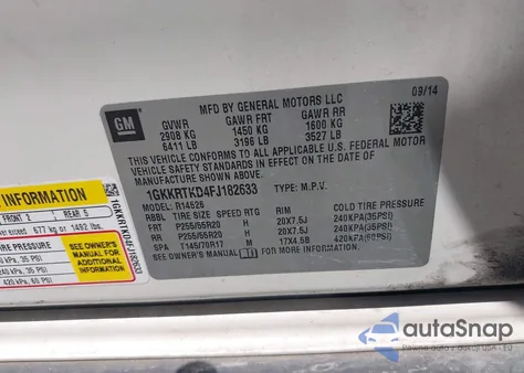 2015 GMC Acadia Denali из США, поврежденный, VIN 1GKKRTKD4FJ182633